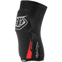 Black Troy Lee Designs Speed D3O MTB knee sleeves with red accents and white logo detailing.