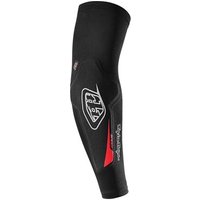 Black Troy Lee Designs Speed MTB elbow sleeves with white logo and red accents.