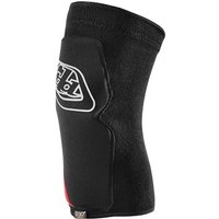 Black Troy Lee Designs youth MTB knee sleeve with white logo and red accent.