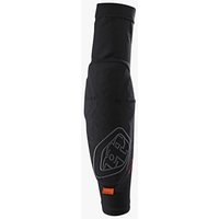 Black Troy Lee Designs Stage MTB elbow guard with logo, sleek ergonomic design, and orange accent tag.