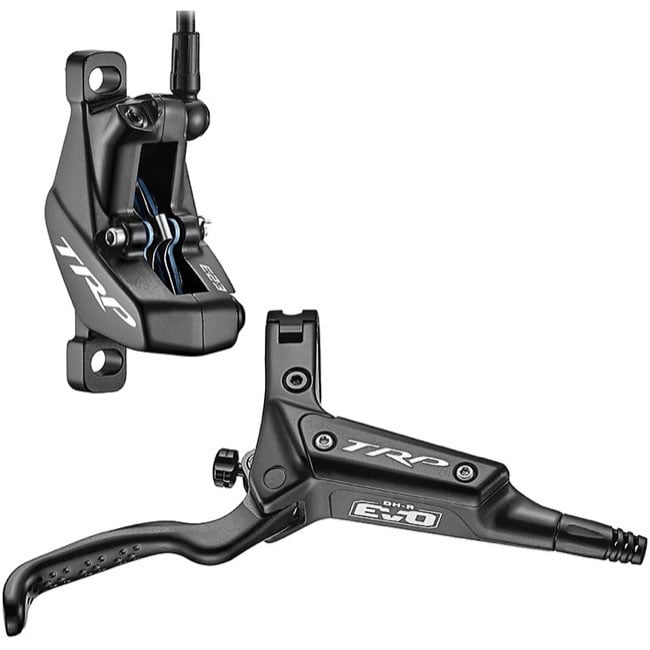 Black TRP DH-R EVO hydraulic disc brake featuring a sleek design, adjustable lever, and a sturdy caliper with blue accents, designed for right-hand use.
