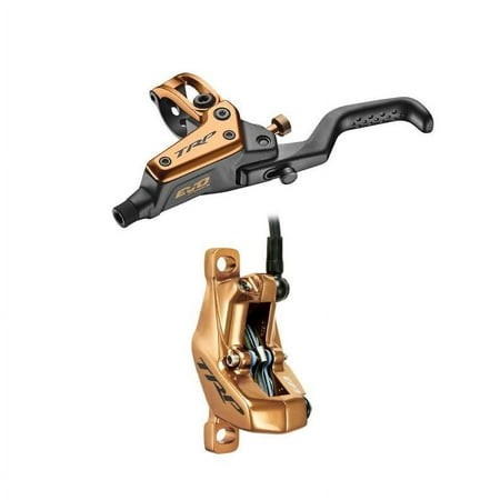 Gold and black TRP EVO Pro Disc Brake featuring a sleek lever and caliper design, with the TRP logo prominently displayed on both components.