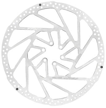 Silver 223mm TRP R1 2.3mm 6-bolt rotor featuring a unique, intricate cut-out design and multiple holes for efficient braking performance.