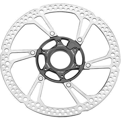 Silver 203mm disc brake rotor with a black centre lock hub, featuring multiple drilled holes for weight reduction and enhanced braking performance.