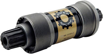 Truvativ Powerspline Bottom Bracket in black and silver, featuring a cylindrical design with a gold label, measuring 118 x 68mm, and a splined interface for easy installation.