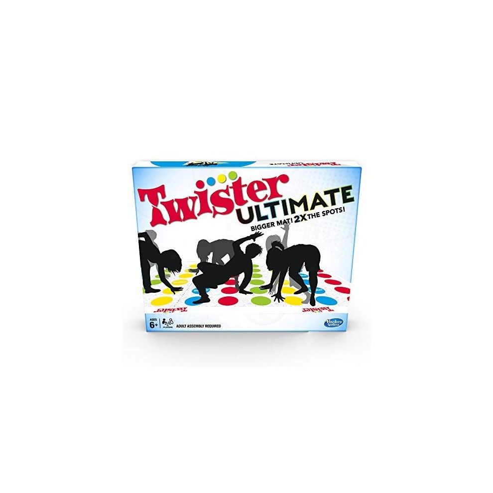 Twister Ultimate game box featuring a colorful design with red, blue, yellow, and green dots, silhouettes of players, and bold "Twister Ultimate" text on a white background.