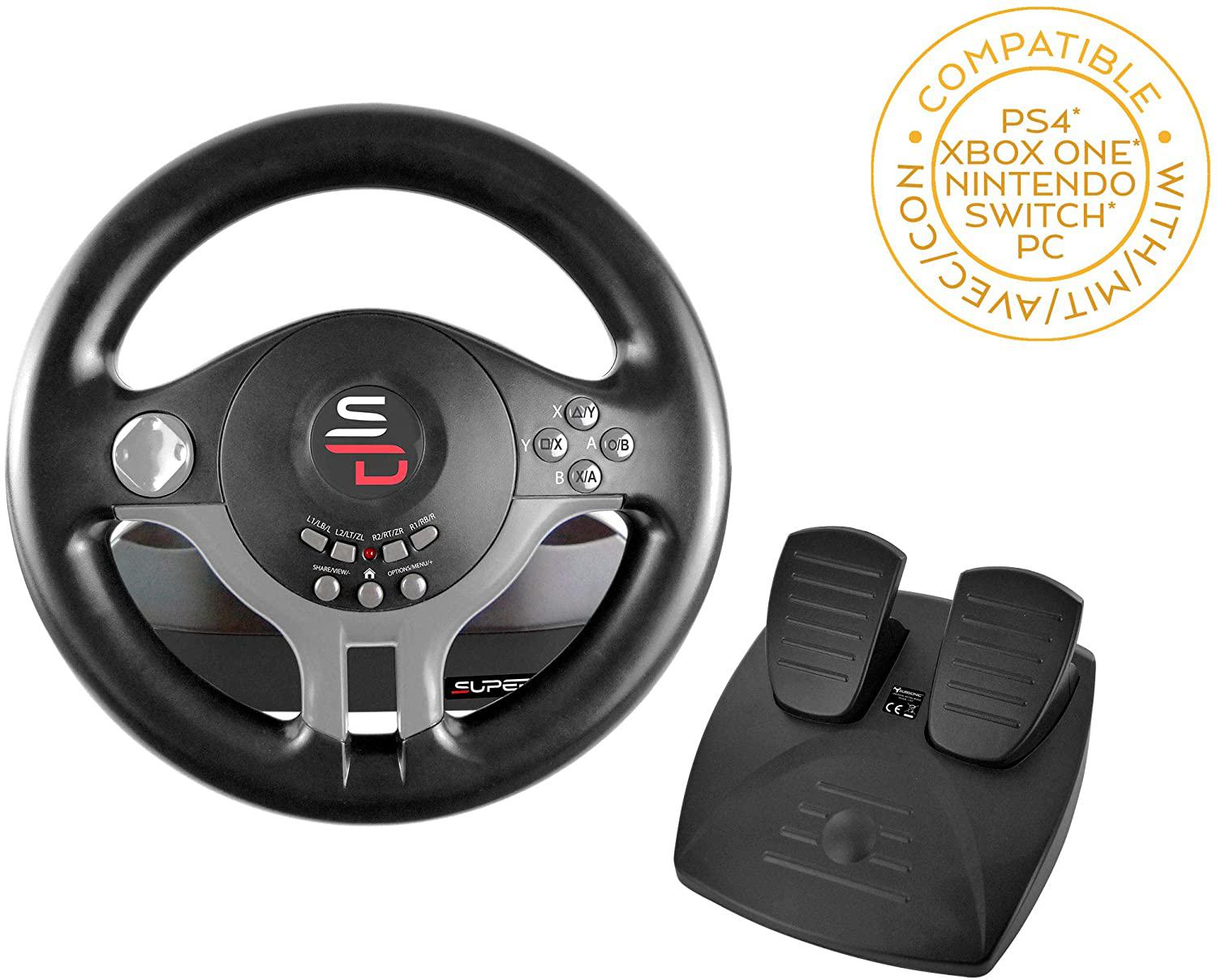 Black universal driving wheel with a sleek design, featuring buttons and a logo in the center, accompanied by a two-pedal set, compatible with PS4, Xbox One, Nintendo Switch, and PC.