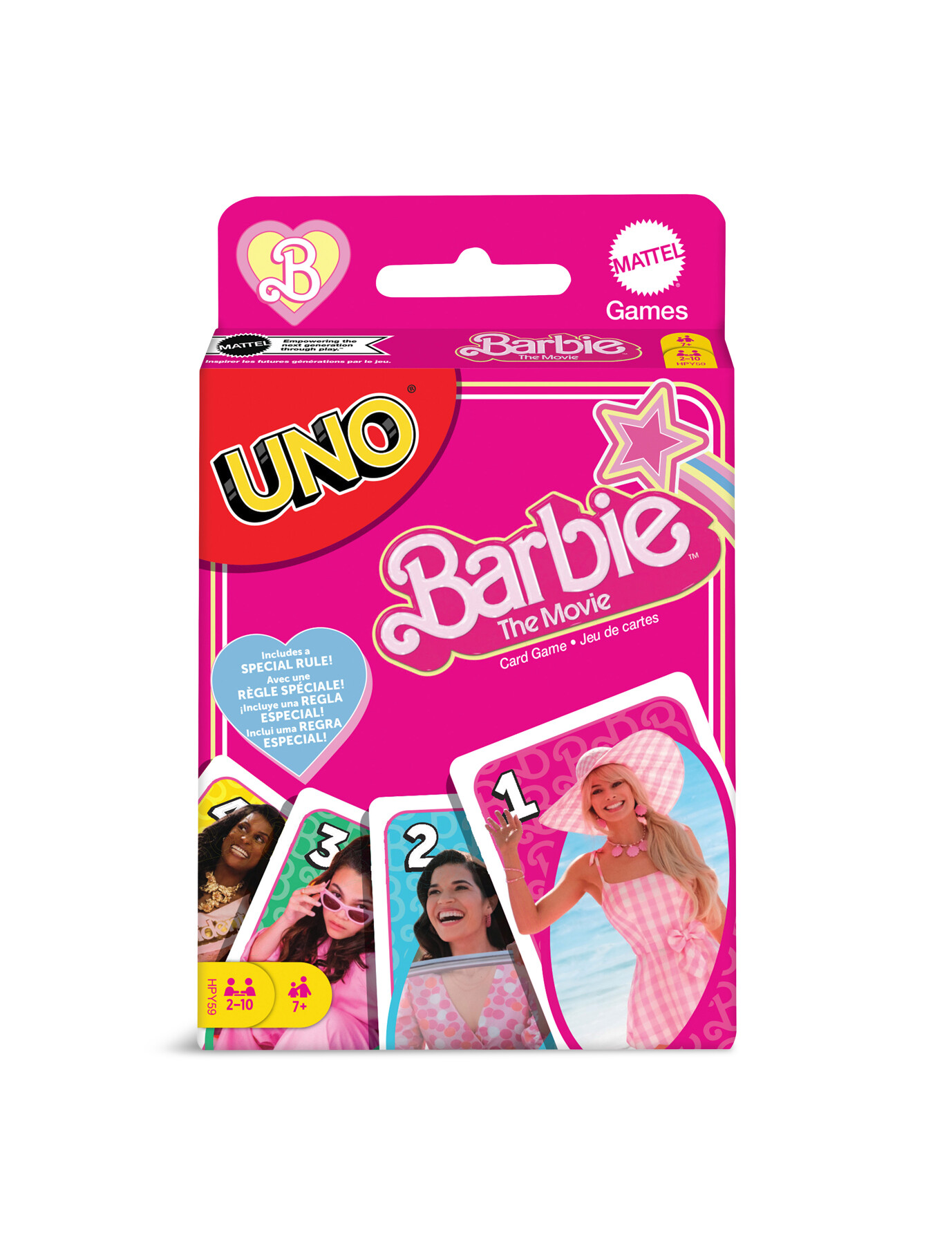 Bright pink box featuring "UNO Barbie the Movie Card Game," with colorful cards showing numbers and images of Barbie, designed for 2-10 players.