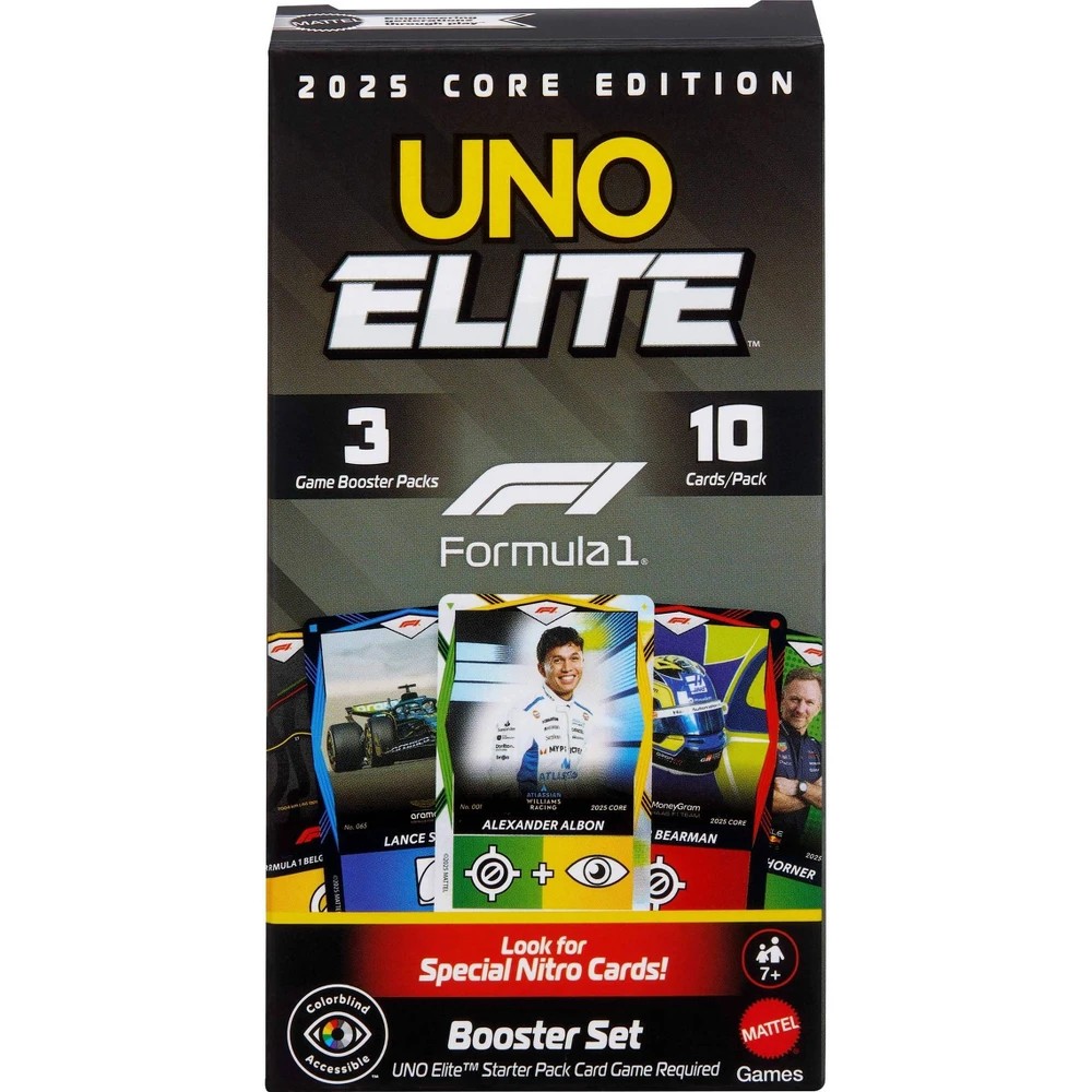 UNO Elite Formula One card game box featuring a sleek black design, showcasing three booster packs and ten cards, with vibrant character and vehicle illustrations.