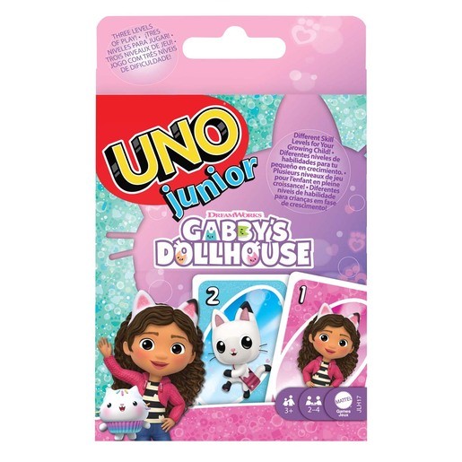Colorful card game packaging featuring Gabby's Dollhouse characters, including a girl and a cat, with playful graphics and a pink and blue color scheme, designed for family fun.