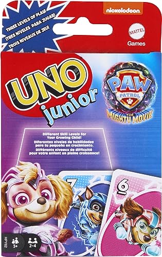 Colorful UNO Junior game featuring Paw Patrol characters, with a vibrant packaging showcasing Skye and Rubble, designed for younger players with simplified rules.