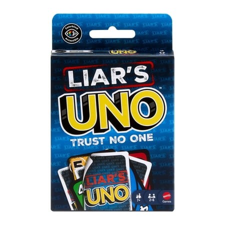 Bright blue box featuring "Liar's UNO" in bold yellow and white text, with a playful design and images of colorful cards, designed for trick play and bluffing in family game nights.