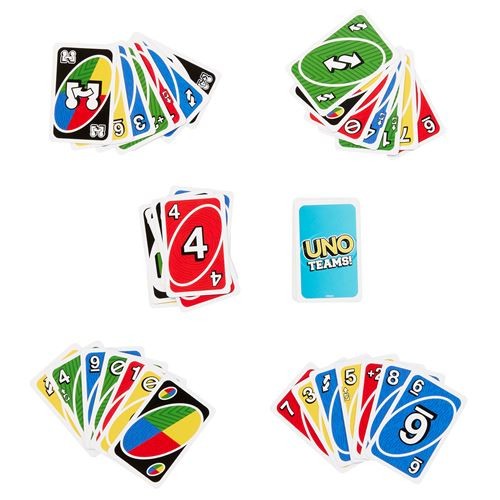 Multicolored UNO Team cards spread out, featuring vibrant red, blue, green, and yellow designs with numbers and symbols, including a "UNO Teams" card in the center.