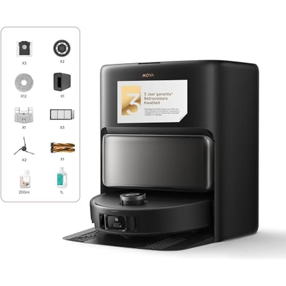 Mova V50 Ultra Complete Robot in sleek black, featuring a compact design with a front display, various accessories, and a user-friendly interface for easy operation.