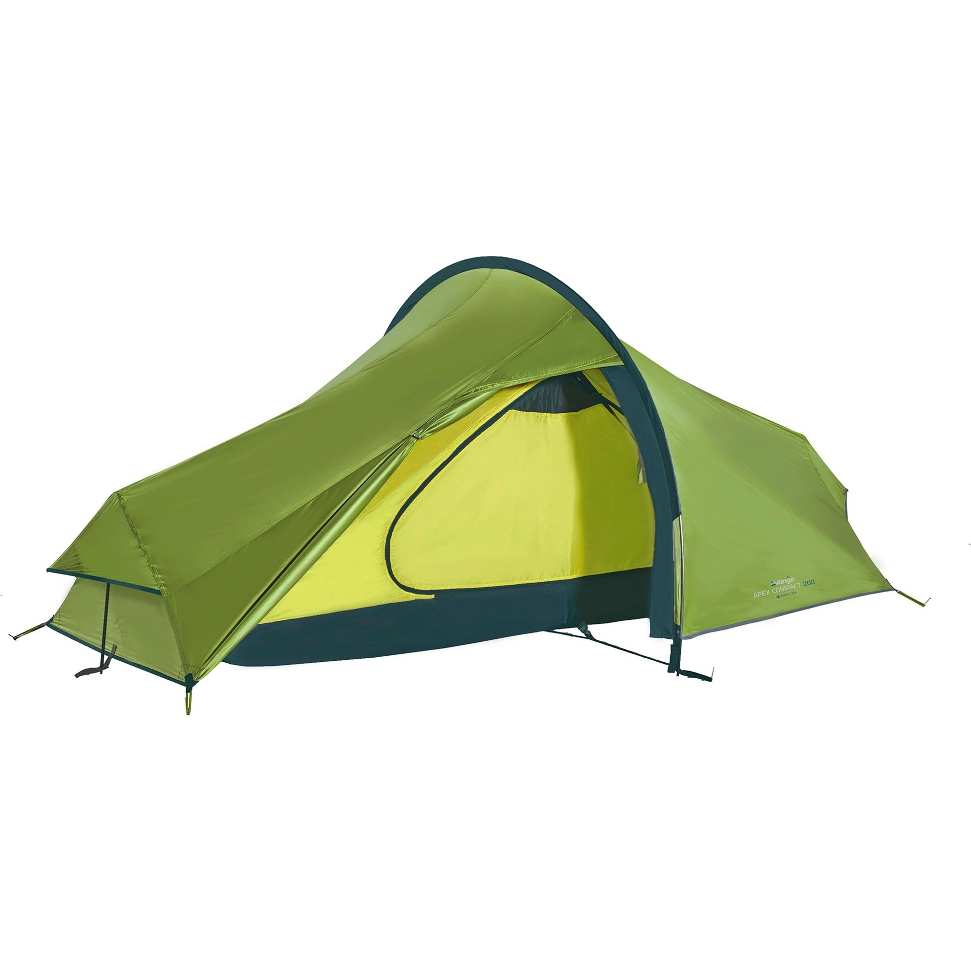 Vango Apex Compact 200 tent in vibrant green and dark blue, featuring a streamlined design, spacious entrance, and durable material suitable for two people.