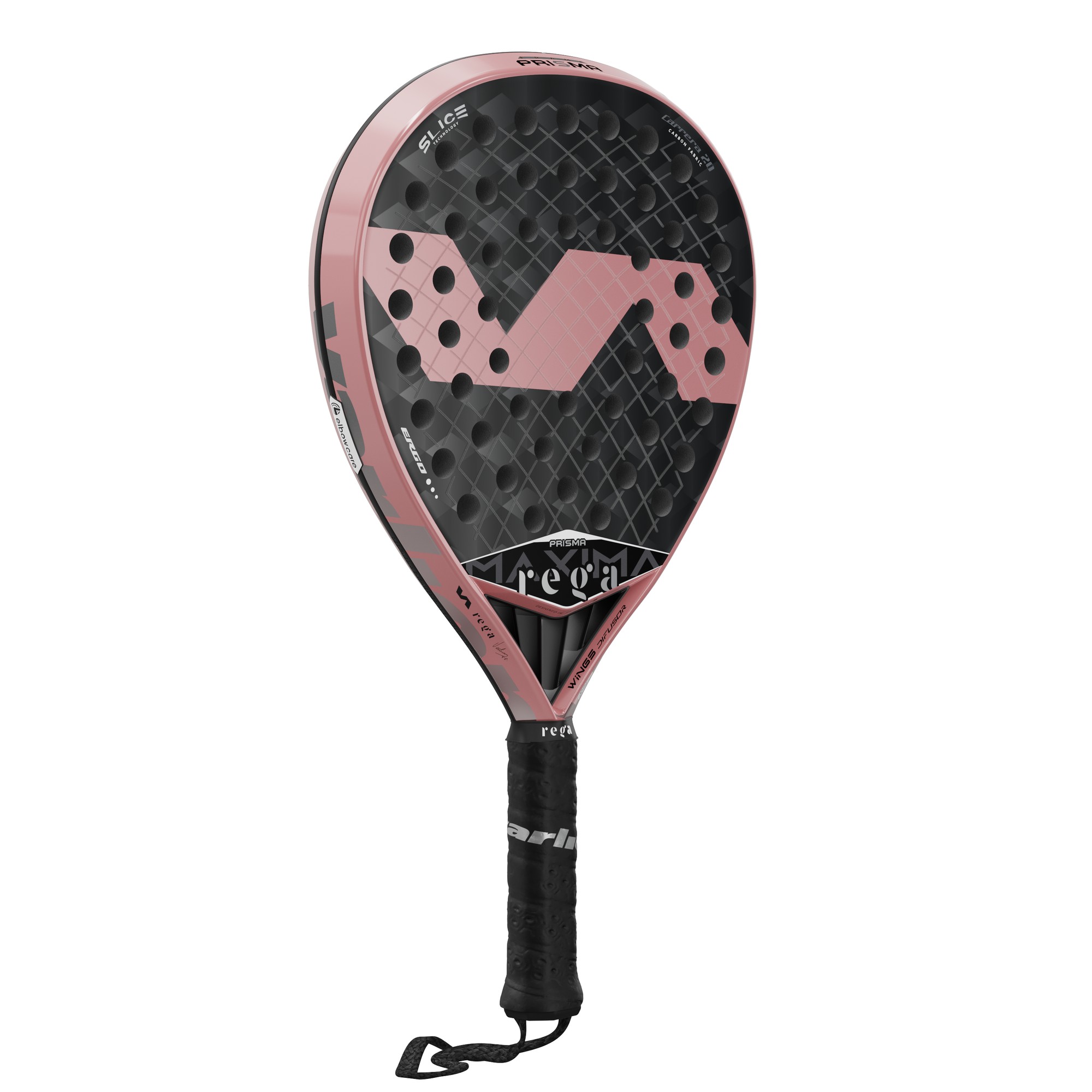Varlion Maxima Carbon Rose padel racket featuring a black and rose color scheme, carbon fiber construction, textured surface, and a distinctive V-shaped logo.