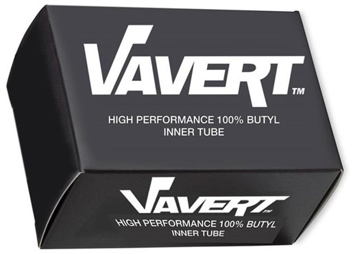 Black box packaging for Vavert 700c inner tube, labeled with "Vavert" logo and details about high performance and 100% butyl material.