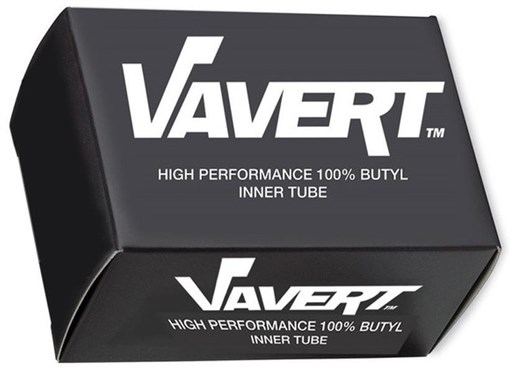 Black box packaging for Vavert Schrader Inner Tube, labeled with "VAVERT" and "HIGH PERFORMANCE 100% BUTYL INNER TUBE," featuring a sleek, modern design.