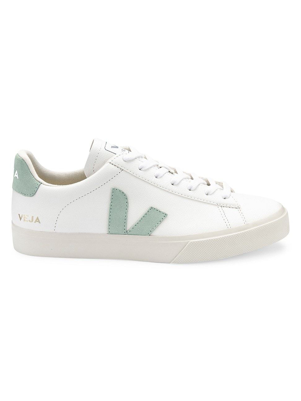 White leather sneaker with a mint green heel tab and signature V logo on the side, featuring a classic lace-up design and a textured rubber sole.