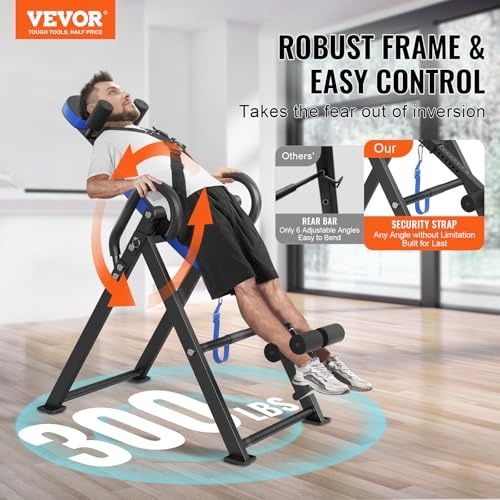 VEVOR Inversion Table, 300 lbs Capacity Heavy Duty Inversion Table, Decompression Back Stretcher Machine, Strength Training Equipment with Headrest, Ankle Lock, Adjustable Protective Belt, Blue/Black - image 2