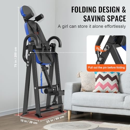 VEVOR Inversion Table, 300 lbs Capacity Heavy Duty Inversion Table, Decompression Back Stretcher Machine, Strength Training Equipment with Headrest, Ankle Lock, Adjustable Protective Belt, Blue/Black - image 4