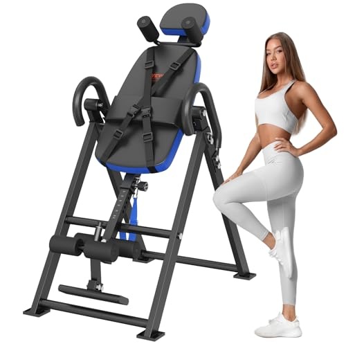 Heavy-duty inversion table with a black and blue padded surface, adjustable headrest, safety straps, and a sturdy metal frame, alongside a woman in athletic wear demonstrating its use.