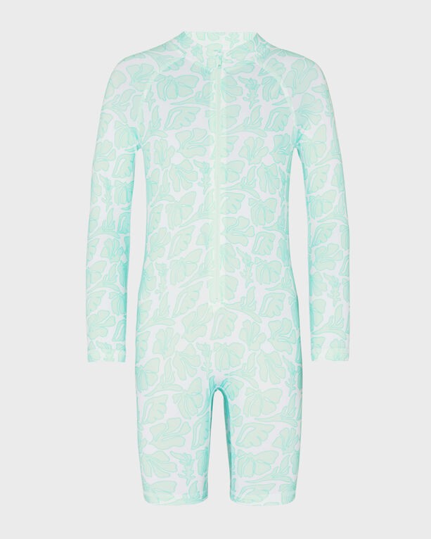White one-piece rashguard for boys by Vilebrequin, featuring a seashells pattern in soft mint green, long sleeves, and a front zipper, designed for size 8.