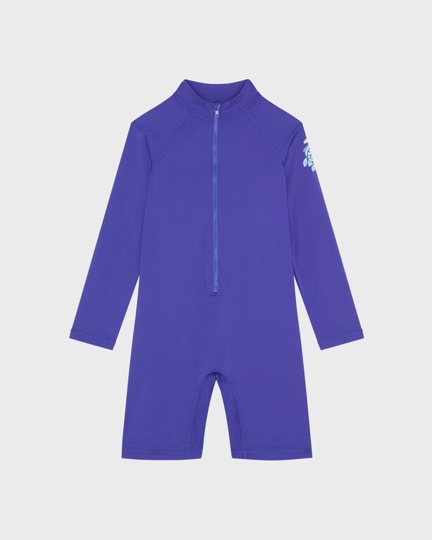 Solid blue one-piece rashguard for boys by Vilebrequin, featuring long sleeves, a front zipper, and a playful guppy design on the sleeve, made from quick-drying material.