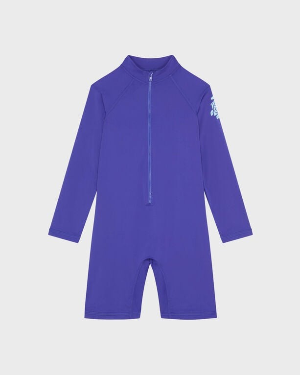 Solid blue one-piece rashguard for boys by Vilebrequin, featuring long sleeves, a front zipper, and a stylish design, suitable for size 6.