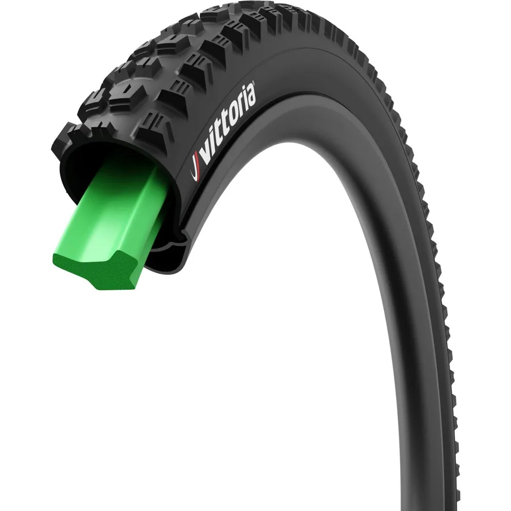Vittoria Air-Liner Protect Enduro tyre insert in 29-inch size, featuring a black outer with a textured tread and a bright green inner foam for added protection and support.