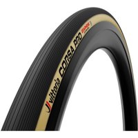 Black Vittoria Corsa Pro 700c road bike tyre with tan sidewall and bold branding, tubeless ready design.