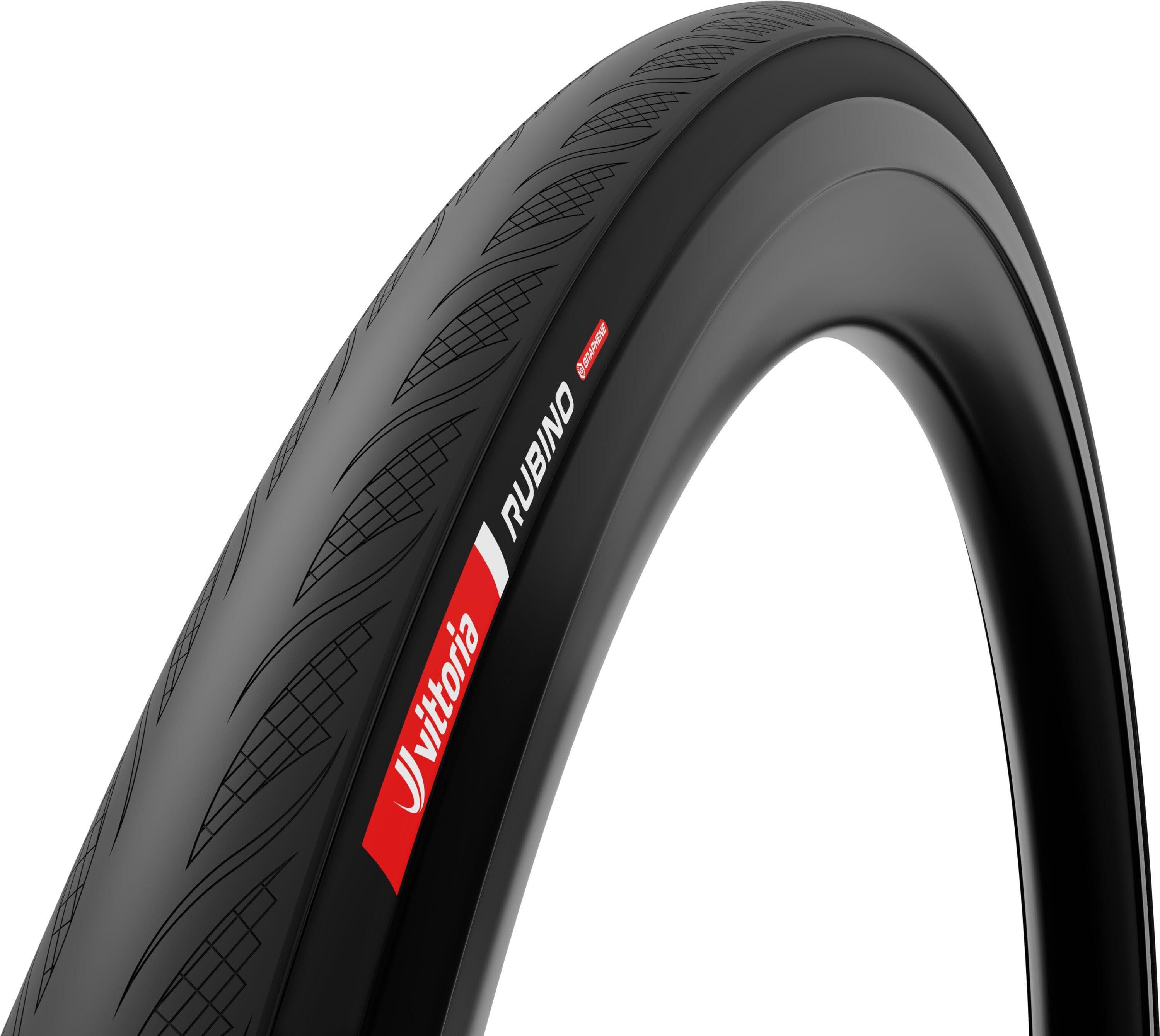 Black Vittoria Rubino clincher folding tyre, 700x26c, with textured tread and red logo on the sidewall.