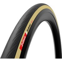 Vittoria Rubino V TLR Tyre, 700 x 34, tan sidewall, black tread, sleek design with red logo detailing.