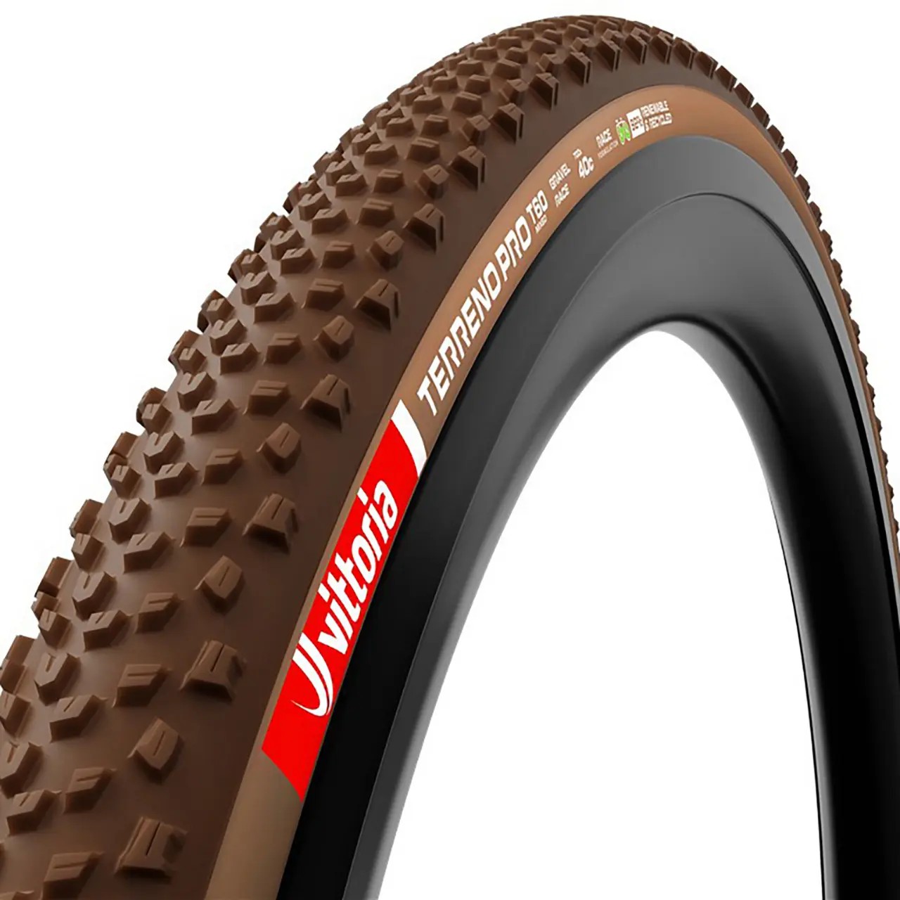 Vittoria Terreno Pro T60 mixed gravel race tubeless tyre in 700 x 45 size, featuring a brown rubber tread with pronounced knobs for traction and a black sidewall.