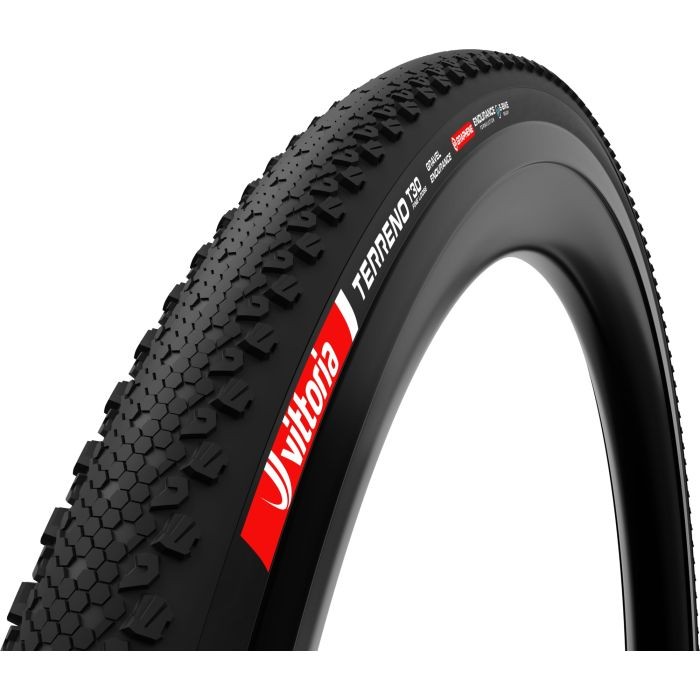 Black Vittoria Terreno T30 Fine Loose G2.0 TLR gravel endurance tyre, size 650 x 47, featuring a textured tread pattern and red and white branding on the sidewall.