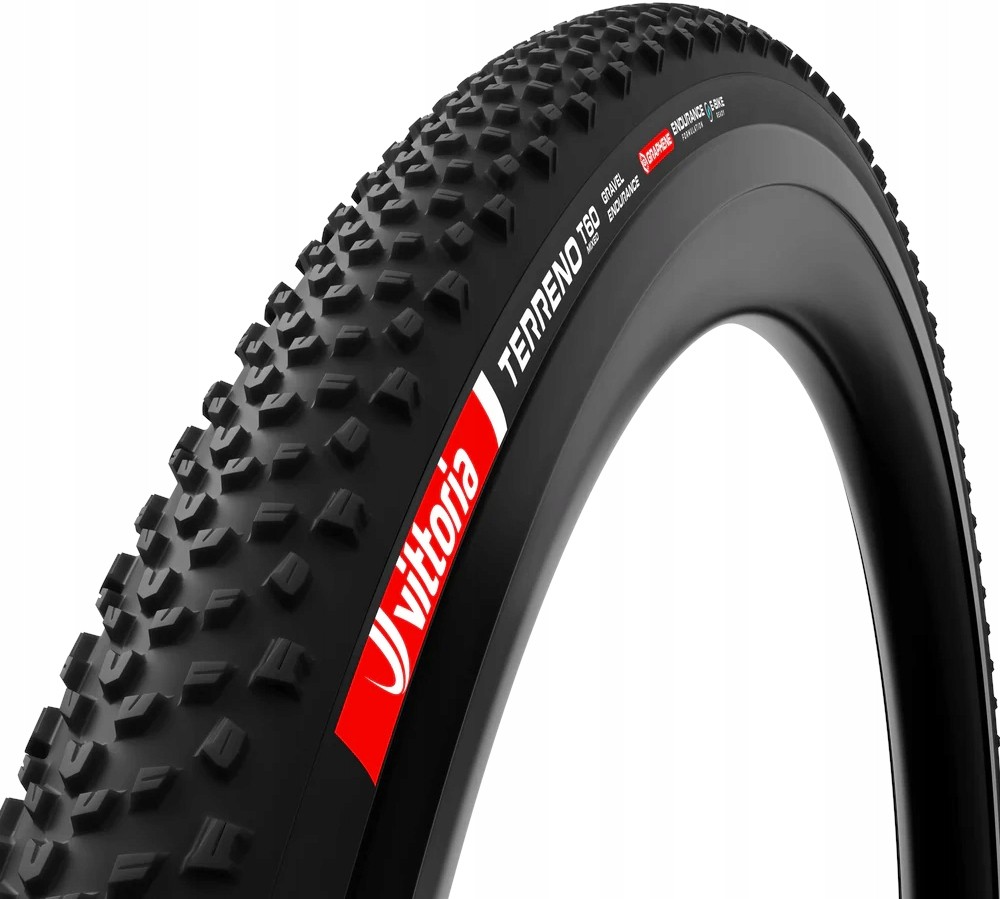 Black Vittoria Terreno T60 Mixed G2.0 TLR gravel endurance tyre, 700 x 45 size, featuring a textured tread pattern for improved traction and a red logo on the sidewall.