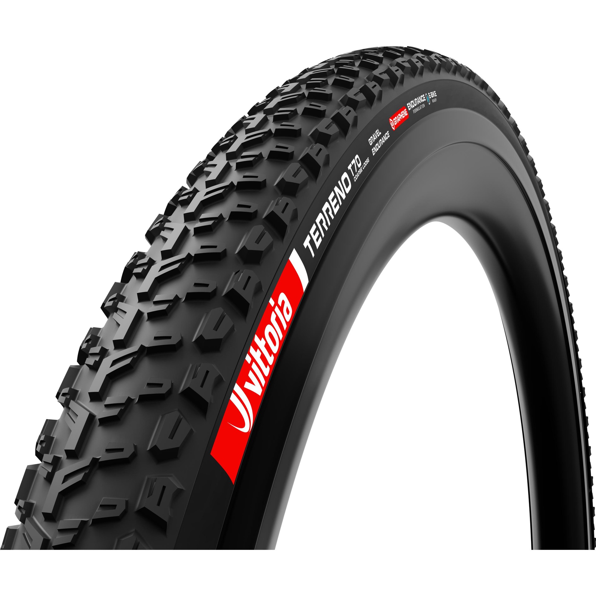 Black gravel endurance tyre with a coarse tread pattern, labeled "Vittoria Terreno T70 G2.0 TLR," measuring 700 x 45, featuring a durable rubber material and red branding accents.