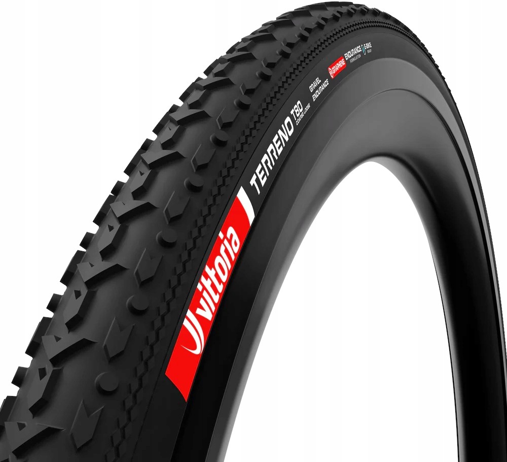 Vittoria Terreno T80 Coarse Loose G2.0 TLR gravel tyre in black, measuring 700 x 50, featuring a rugged tread pattern and red branding for enhanced grip and durability.