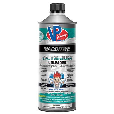 Silver 32-ounce can of VP Racing Fuels Octanium Octane Booster, featuring a bold blue and red logo, with detailed product information and safety warnings on the label.