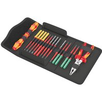 Wera 17-piece tool set with insulated screwdrivers, pliers, and slim handles in a black folding case.