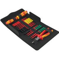 Wera Kraftform Kompakt 17-piece set with red and yellow insulated screwdrivers, pliers, and black tool holder.