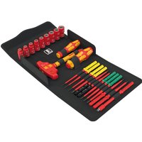 Wera Kraftform Kompakt 24-piece VDE insulated screwdriver set with red and yellow handles in black folding case.