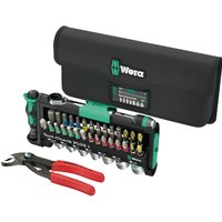 Wera Tool Check Combi set with green and black screwdriver, sockets, red-handled pliers, and black case.