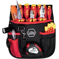 Wiha 18-piece electrician tool set with red and yellow handles in a black belt pouch, includes pliers and screwdrivers.