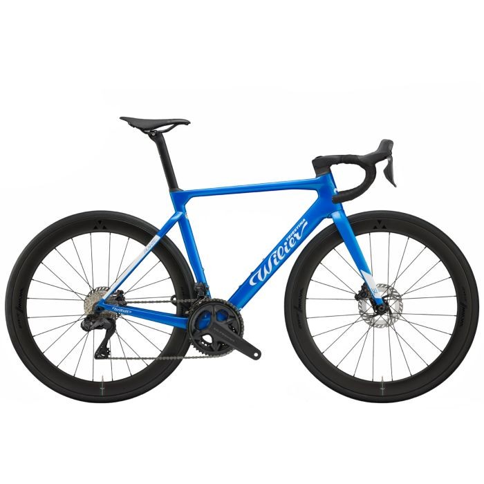 Wilier Filante SL Ultegra Di2 road bike in glossy blue, featuring a lightweight carbon frame, aerodynamic design, disc brakes, and sleek black wheels.