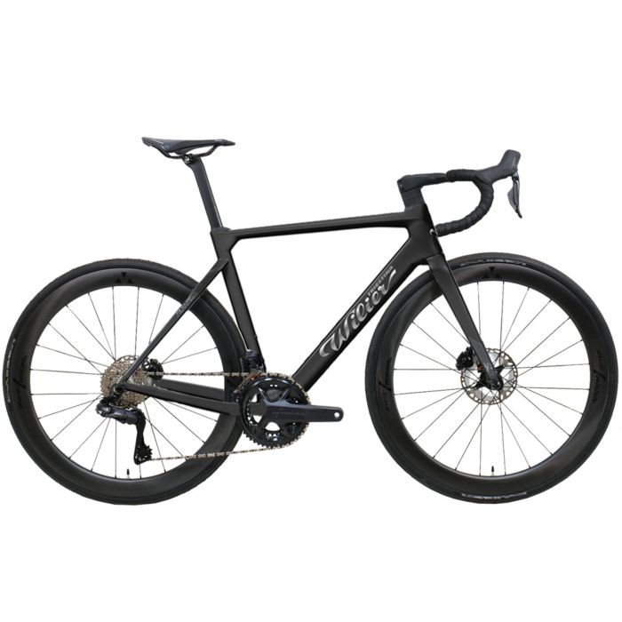 Wilier Filante SL Ultegra Di2 road bike in Bullet Black, featuring a sleek carbon frame, aerodynamic design, disc brakes, and high-performance components, size S.