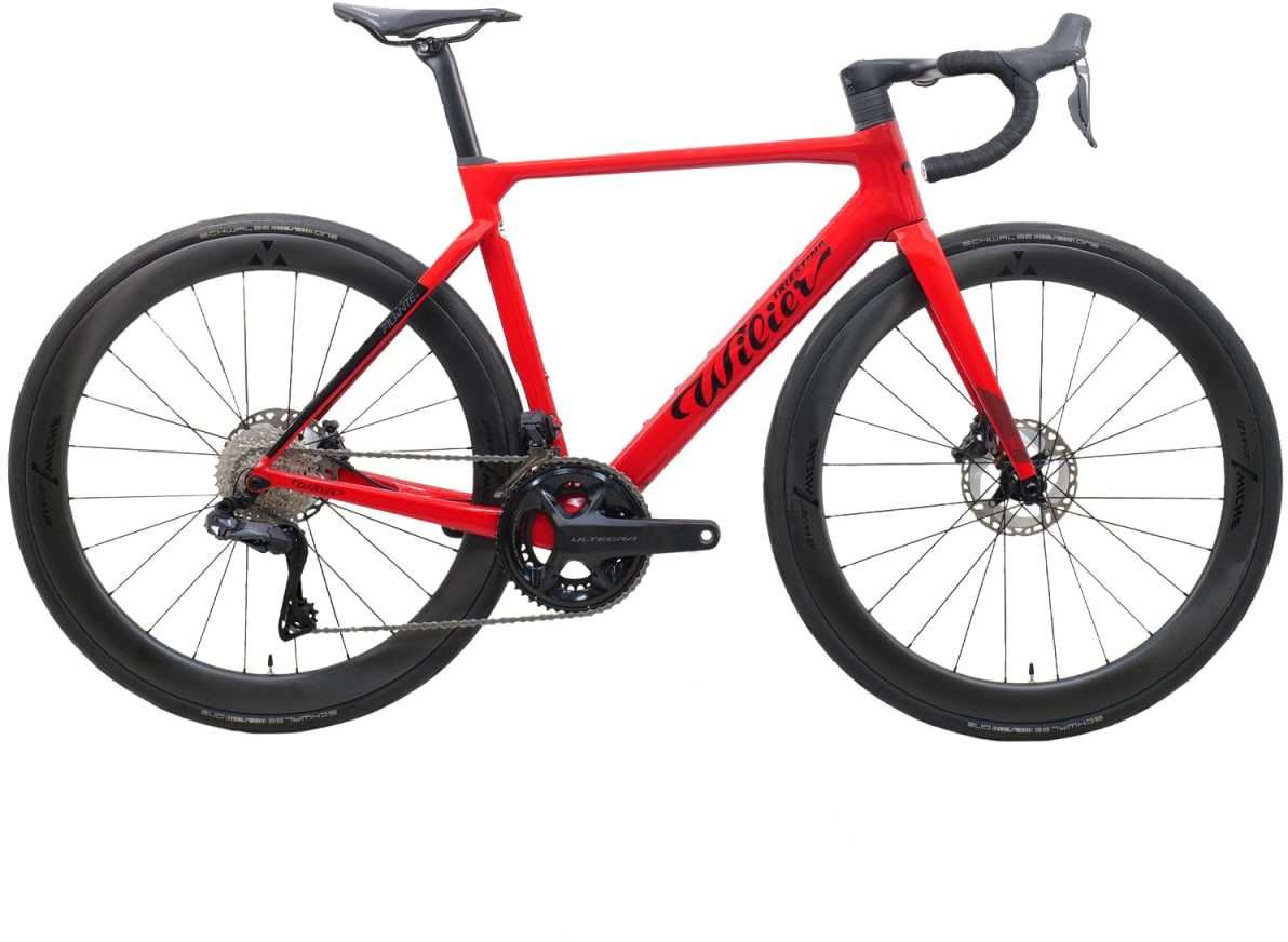 Wilier Filante SL Ultegra Di2 road bike in vibrant red, featuring a lightweight carbon frame, sleek aerodynamic design, disc brakes, and Shimano Ultegra Di2 components.