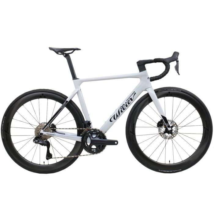 Silver and black Wilier Filante SL Ultegra Di2 road bike, featuring a sleek aerodynamic frame, disc brakes, and high-profile carbon wheels, size M.