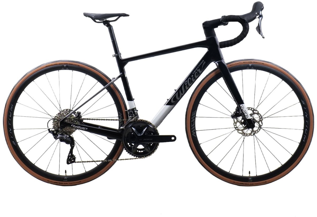 Wilier Garda 105 12x Road Bike in black and grey, featuring a lightweight frame, disc brakes, and tan wall tires, size S, designed for performance and style.