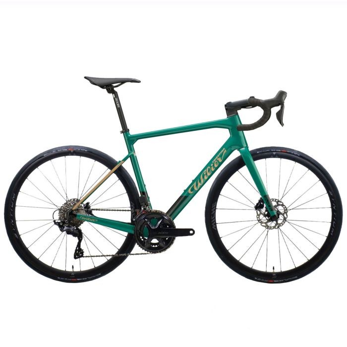 Wilier Garda 105 12x Road Bike in vibrant green, featuring a lightweight frame, aerodynamic design, disc brakes, and sleek black wheels, size L.